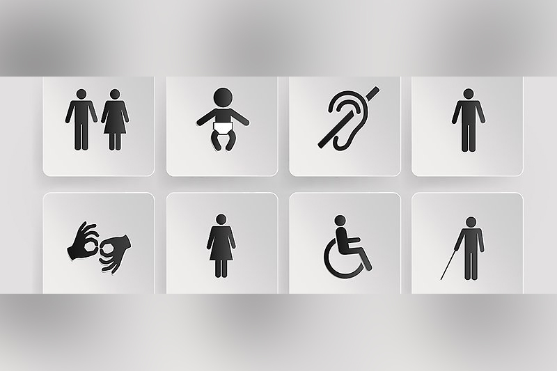 Symboler om illustrerar man och kvinna, barn, hörselnedsättning, teckenspråk, fysiskt funktionshinder och synnedsättning.