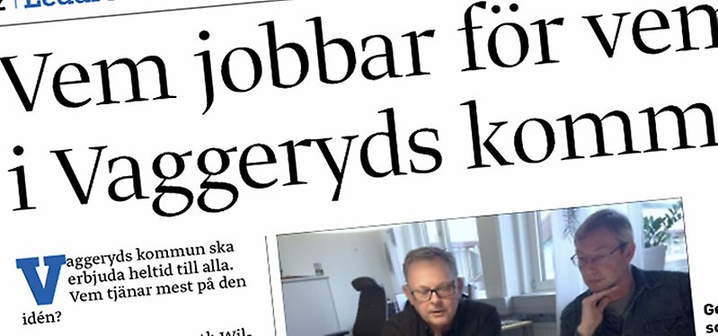 Skärmklipp från JönköpingsPosten med rubriken "Vem jobbar för vem i Vaggeryds kommun".