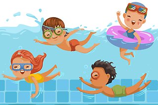 Barn som simmar och leker i bassäng.